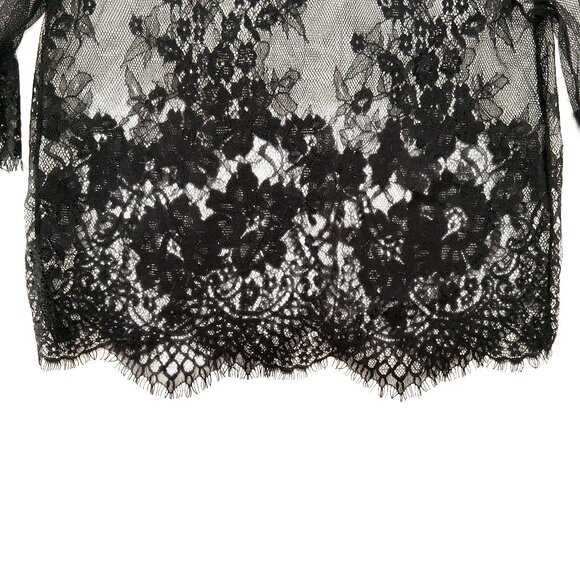 Black Sheer Floral Lace Top Mock Neck Eyelash Hem Keyhole Back Short Sleeve SZ L - Picture 2 of 8
